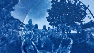 Screenshot of J. Molina-Garcia's work titled Pulse Cyanotype, showing an artificial army of 49 people in 360 immersive enrionment